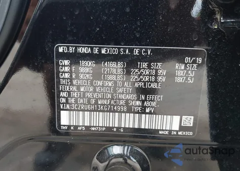 2019 Honda Hr-V Sport z USA, uszkodzony, nr VIN 3CZRU6H13KG714998